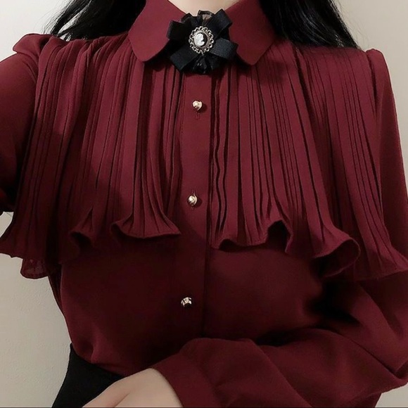 Tops - Long-sleeve Ruffled Blouse with Brooch